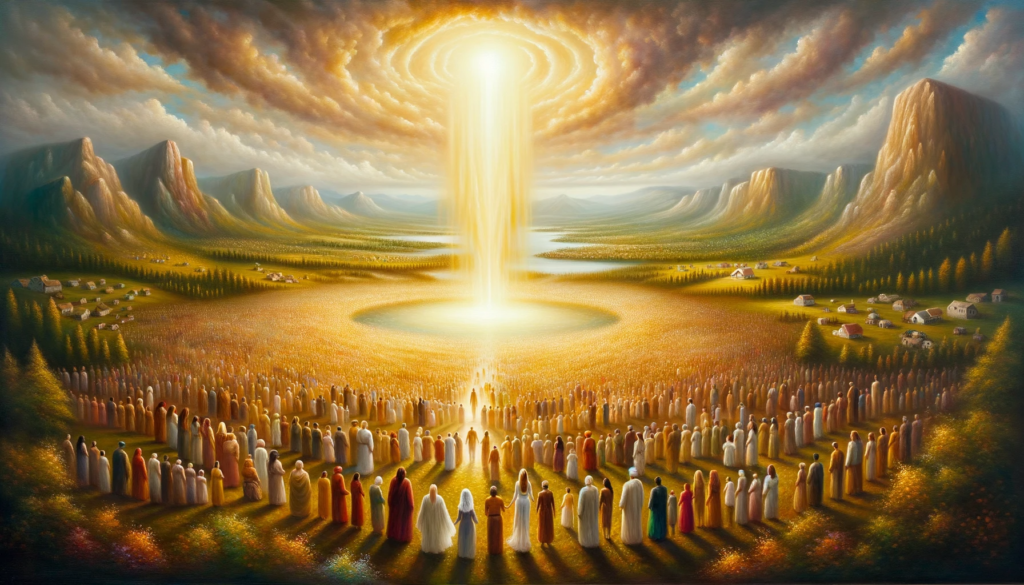 An oil painting of a peaceful landscape, with diverse individuals radiating a golden inner light, exemplifying the idea of a unified divine consciousness.