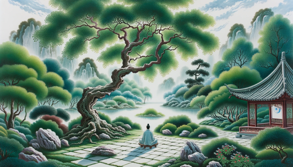 A calming garden landscape showcases an individual meditating under a tree, emphasizing the importance of patience and reflection before taking action. The art draws parallels between nature's rhythm and life's decisions.
