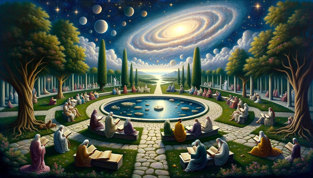 A peaceful garden scene with a reflecting pool at its heart. Around the pool, individuals sit deep in thought, engrossed in reading scrolls and ancient manuscripts. The sky overhead is a tapestry of stars and constellations, symbolizing the intricate spiritual laws intertwined with the universe.