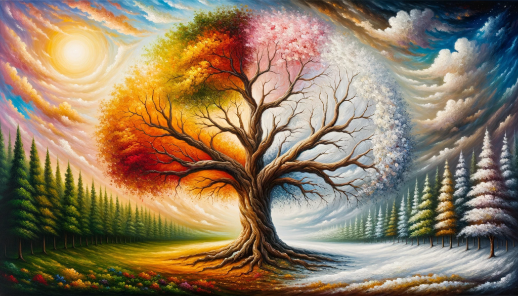 A vivid painting of a unique tree portraying all four seasons simultaneously.