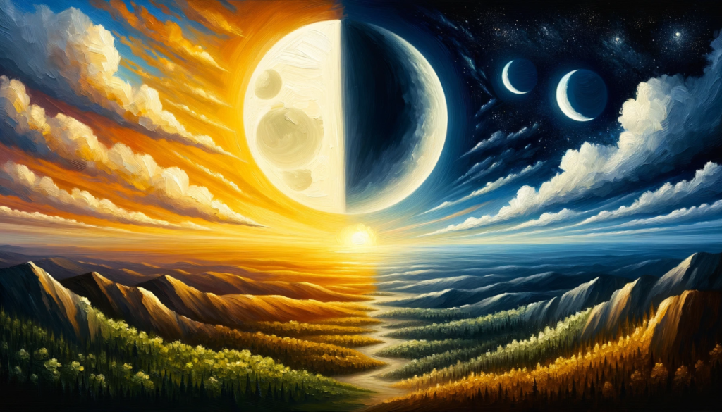A vast landscape illustrating the transition from day to night. The left side of the painting captures a sun setting with golden hues, while the right side portrays the rise of the moon, casting silvery illumination. This representation highlights the rhythms of nature and life.