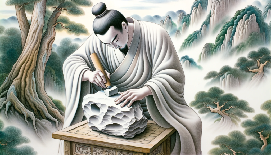An artist meticulously sculpts a clay figure, demonstrating precision and dedication. The detailed artwork reflects the essence of applying intelligent effort in every endeavor.