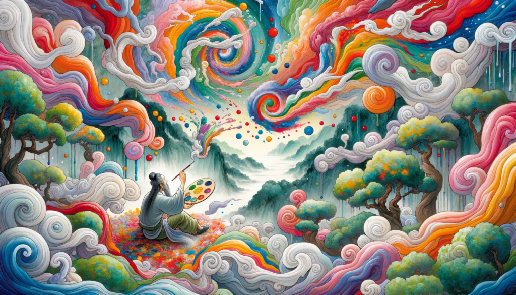  An artist is deeply engrossed in their work, surrounded by a myriad of vibrant colors. The essence of Wu Wei and flow is captured through the harmonious blend of colors and the artist's immersion.
