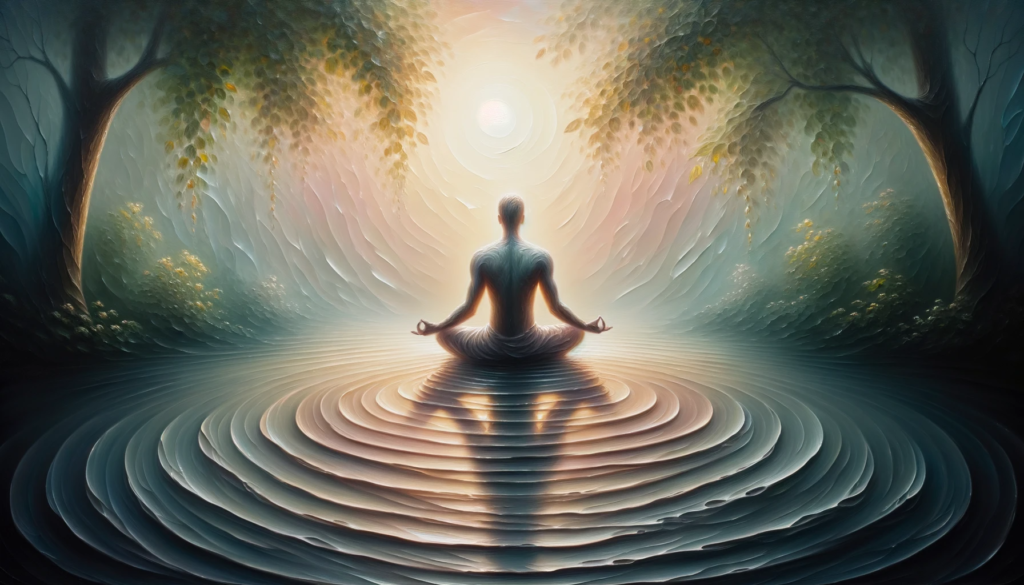 An individual meditating on a serene lakeside, with a cosmic aura emanating from them, signifying introspection and connection to the universe.