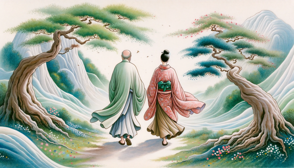A captivating Asian artwork presents two figures symbolizing Wu Wei and Flow, journeying together on a pathway, exuding grace, tranquility, and intent.