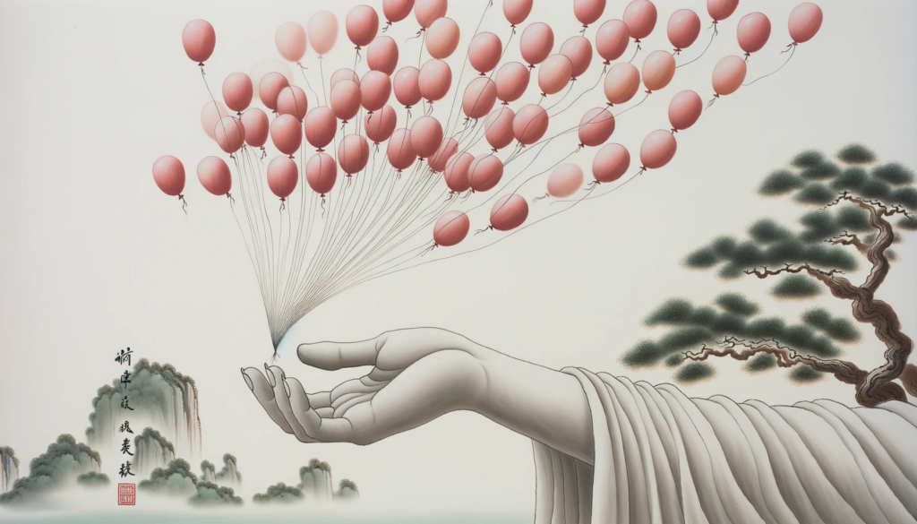Hand gracefully releasing a cluster of red balloons into the sky, embodying the Wu Wei concept of letting go and not forcing outcomes. The serene setting of the sky amplifies the sense of freedom and release.