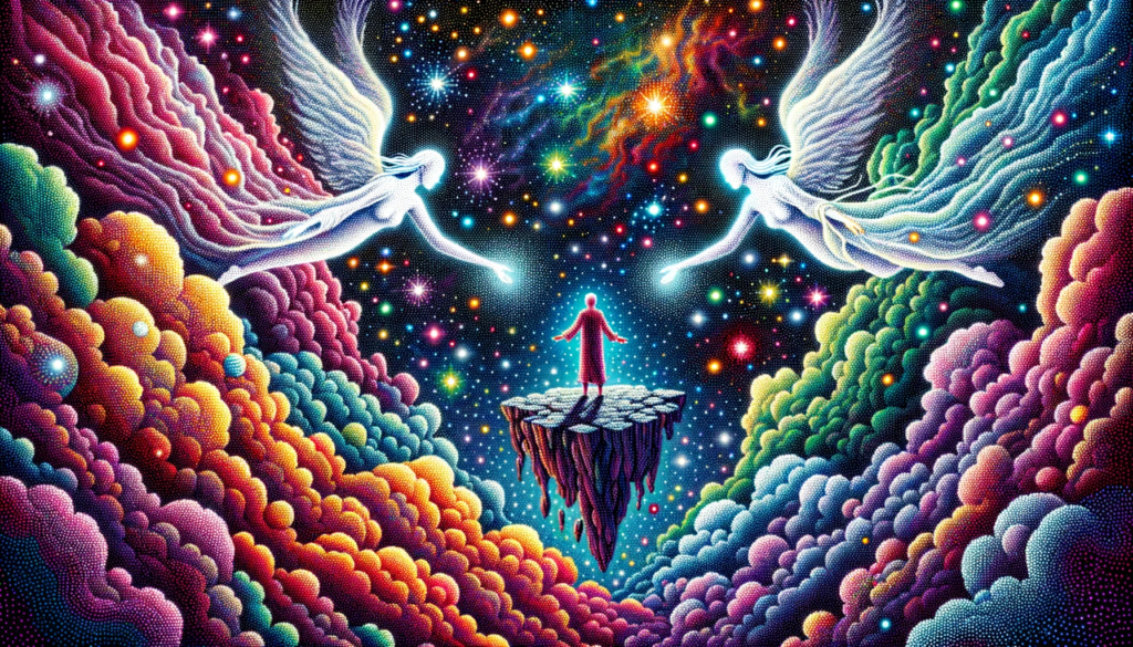 A vivid stippling representation showcasing signs of a chosen one who is connecting with higher beings. An individual stands on a floating rock amidst a cosmic scene, surrounded by nebulous clouds and stars, indicating a spiritual awakening and the quest for self-discovery as they link with luminous ethereal entities.