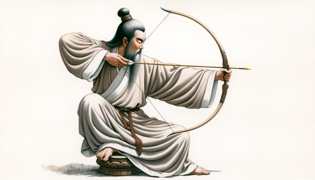 A bowman with a bow, taut and ready to release an arrow. The image symbolizes the unity of intent and action, with the bow as a metaphor for our intentions and the arrow representing the actions we take.
