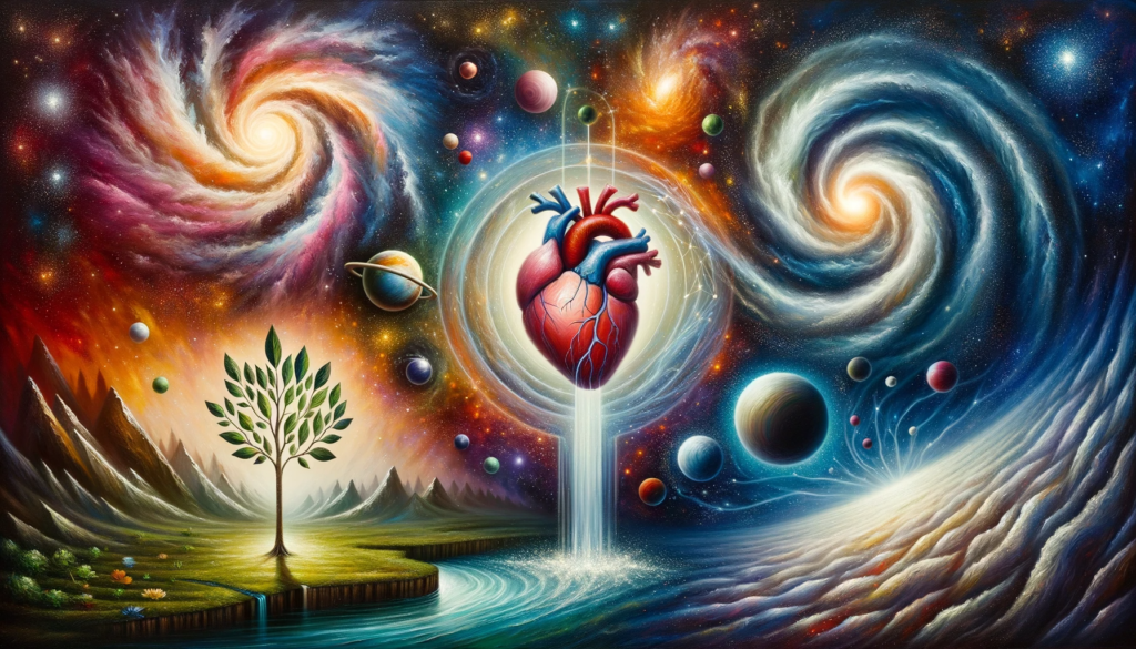 Oil painting representation emphasizing symbols like a radiating heart, serene river, emerging sapling, and a galaxy, harmonized within a vast cosmic setting.