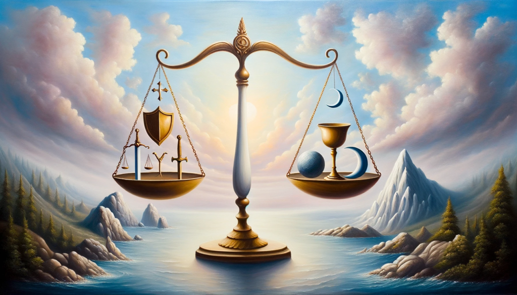 An oil painting depicts a balanced scale set in a serene environment. One side showcases masculine symbols like a shield and sword, while the other displays feminine symbols such as a chalice and crescent moon, emphasizing harmony between the two principles.