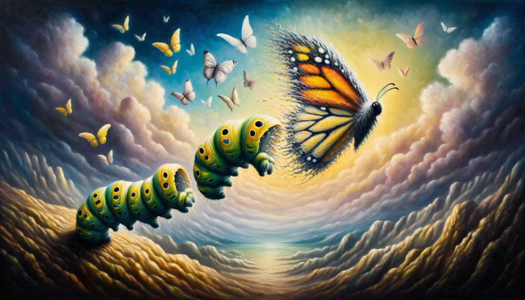 The metamorphosis of a caterpillar becoming a butterfly, illustrating transformation and personal growth.