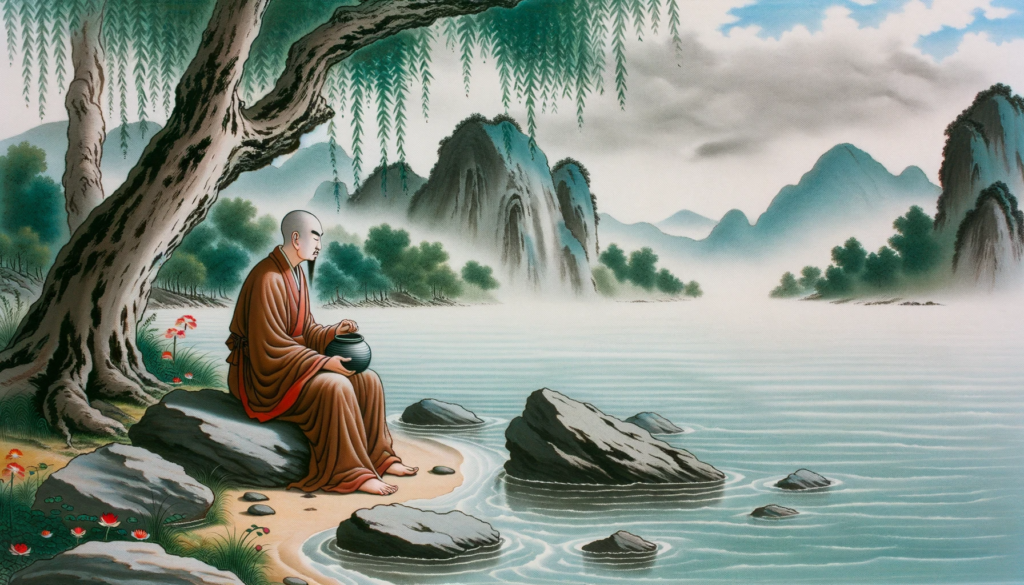 A monk sits patiently by a tranquil riverbank, capturing the essence of waiting for the right moment. The painting embodies the Wu Wei teaching of understanding the significance of timing.
