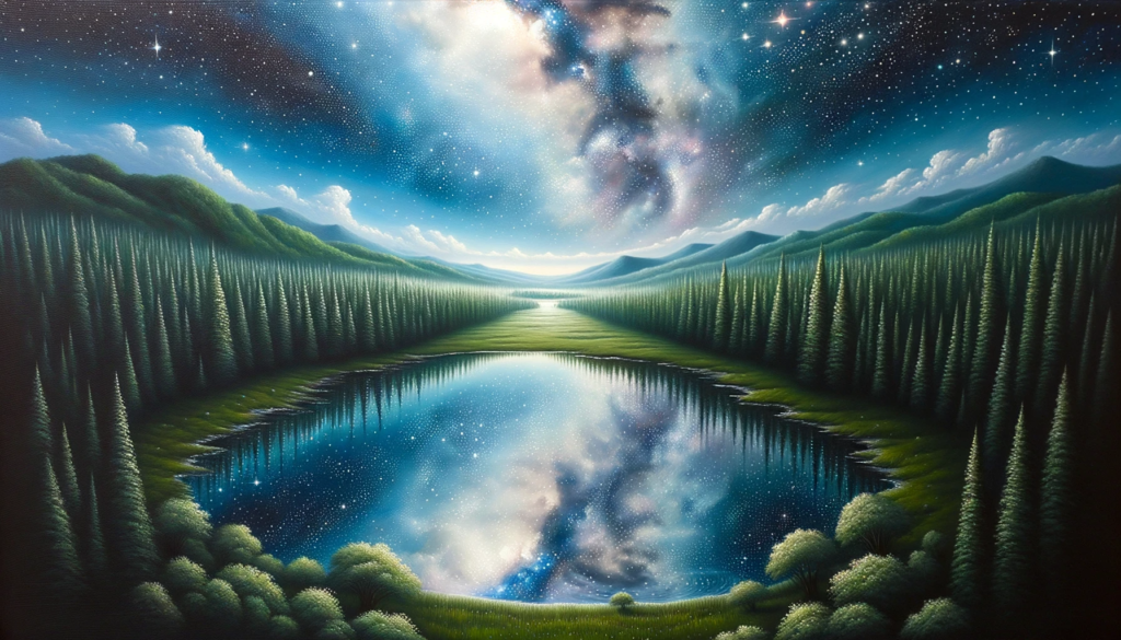 The view of a person standing on a peak, gazing at the stars above which reflect in the tranquil waters below. Symbolizing the adage "As above, So Below"