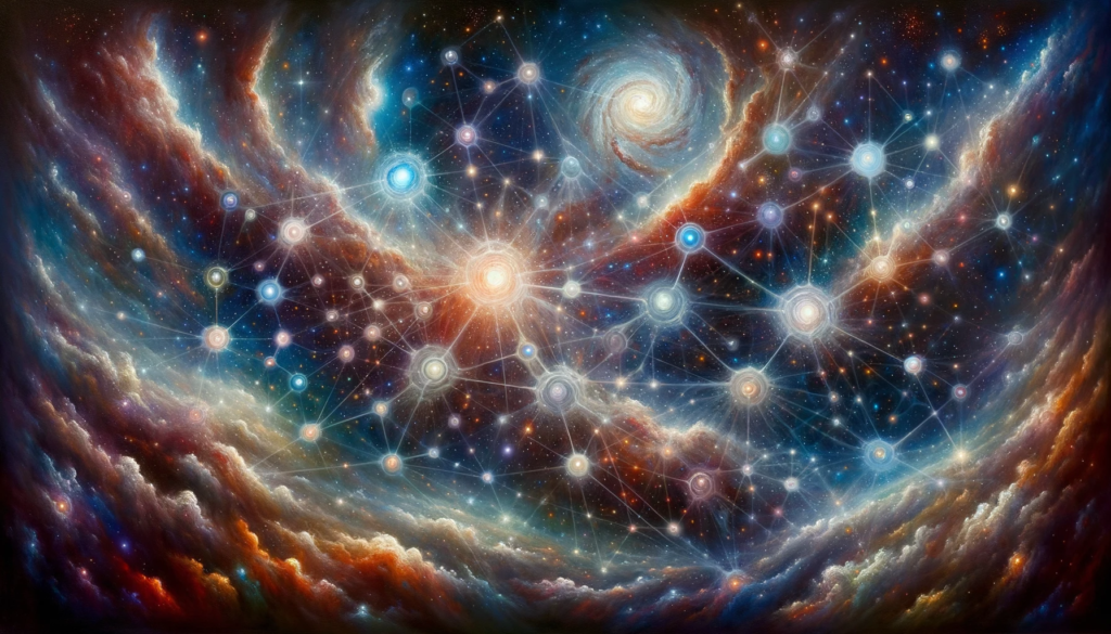 An oil painting depicting a cosmos filled with interconnected stars, galaxies, and nebulae, showcasing the concept of an intricate web of existence.