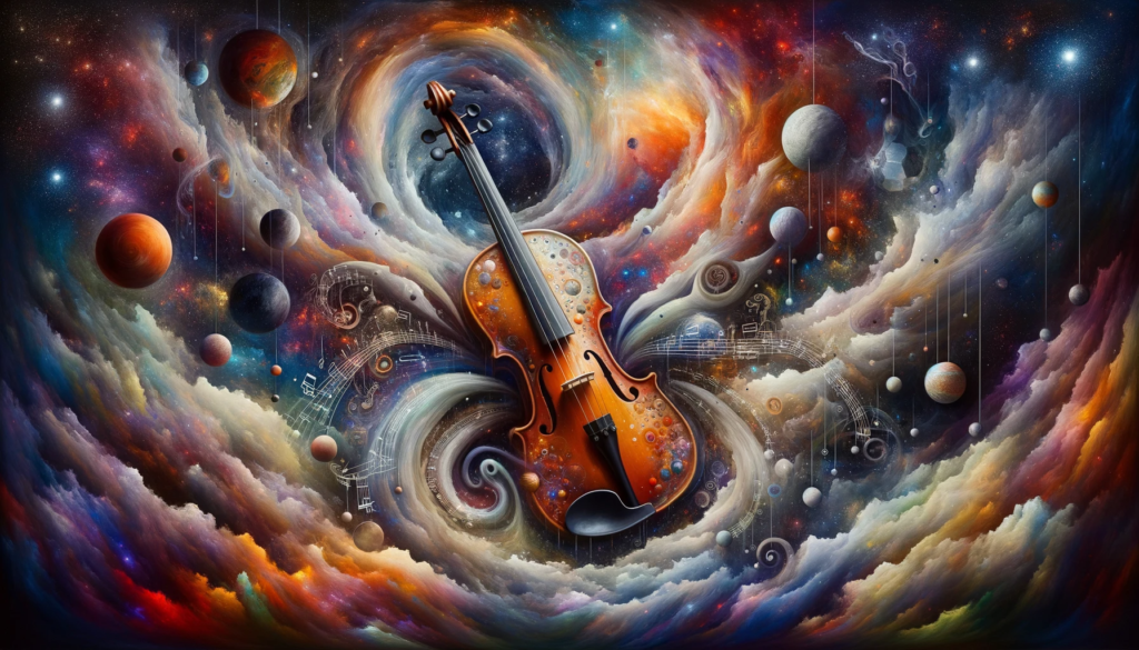 In a surreal setting, a violin is surrounded by abstract wonders, hinting at the cosmos. The artwork signifies the intricate blend of life's facets, orchestrated harmoniously.