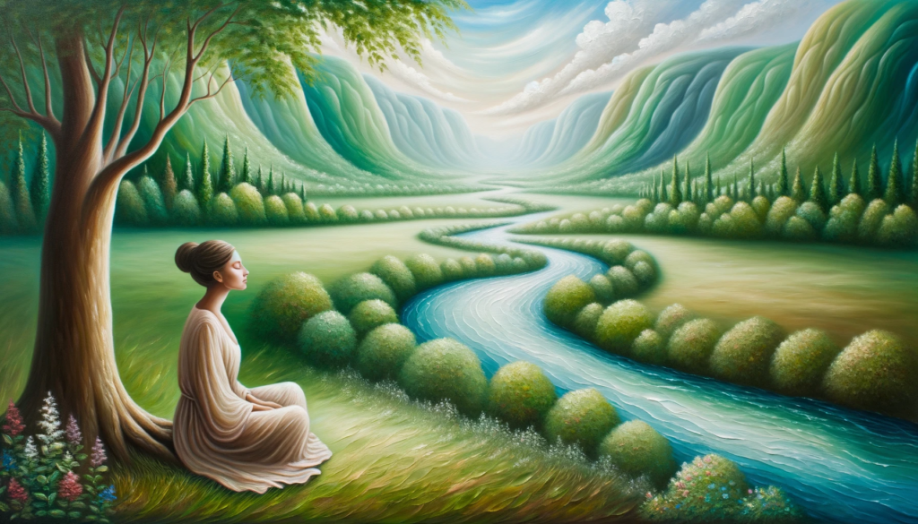 A serene landscape depicts a woman deeply connected to nature, sitting by a graceful river. Her closed eyes and the nurturing environment capture the feminine principle's receptive, nurturing, and intuitive essence.