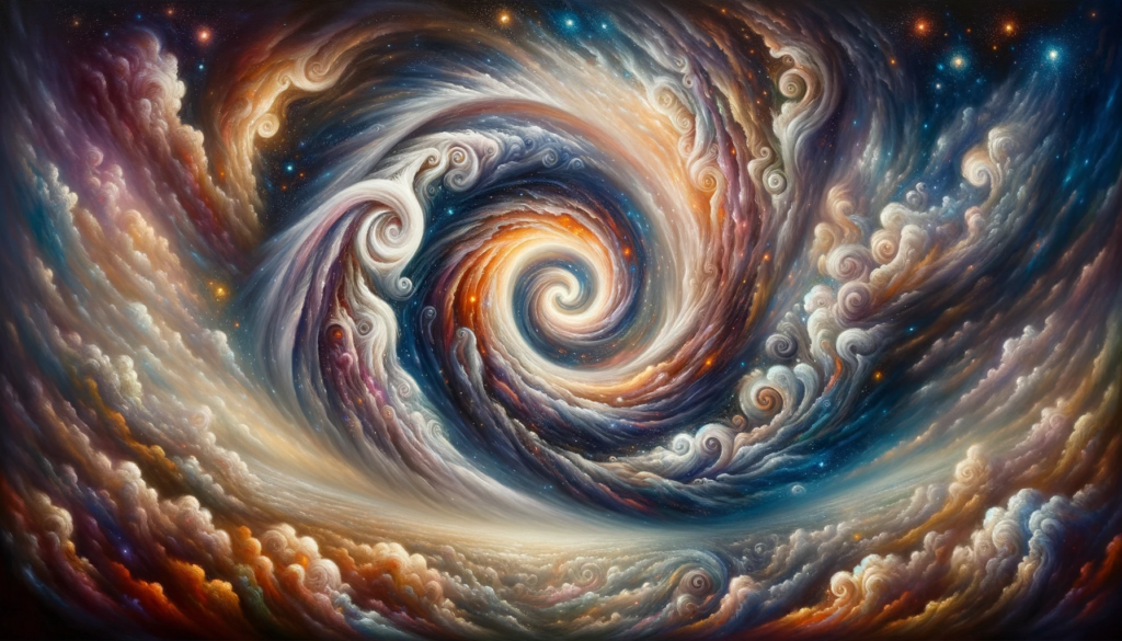 A swirling cosmic dance representing the continuous transformation and transition of energies.