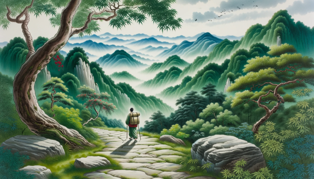 A lone traveler with a backpack traverses a scenic path surrounded by lush nature. The individual pauses occasionally, emphasizing the Wu Wei teaching of appreciating the journey rather than just focusing on the destination.